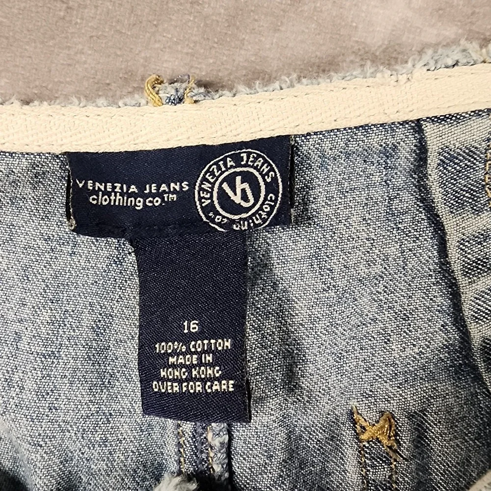 Venezia Jeans Denim Shorts 16 Blue Cotton High Waist Button Fly Raw Hem Cut Offs